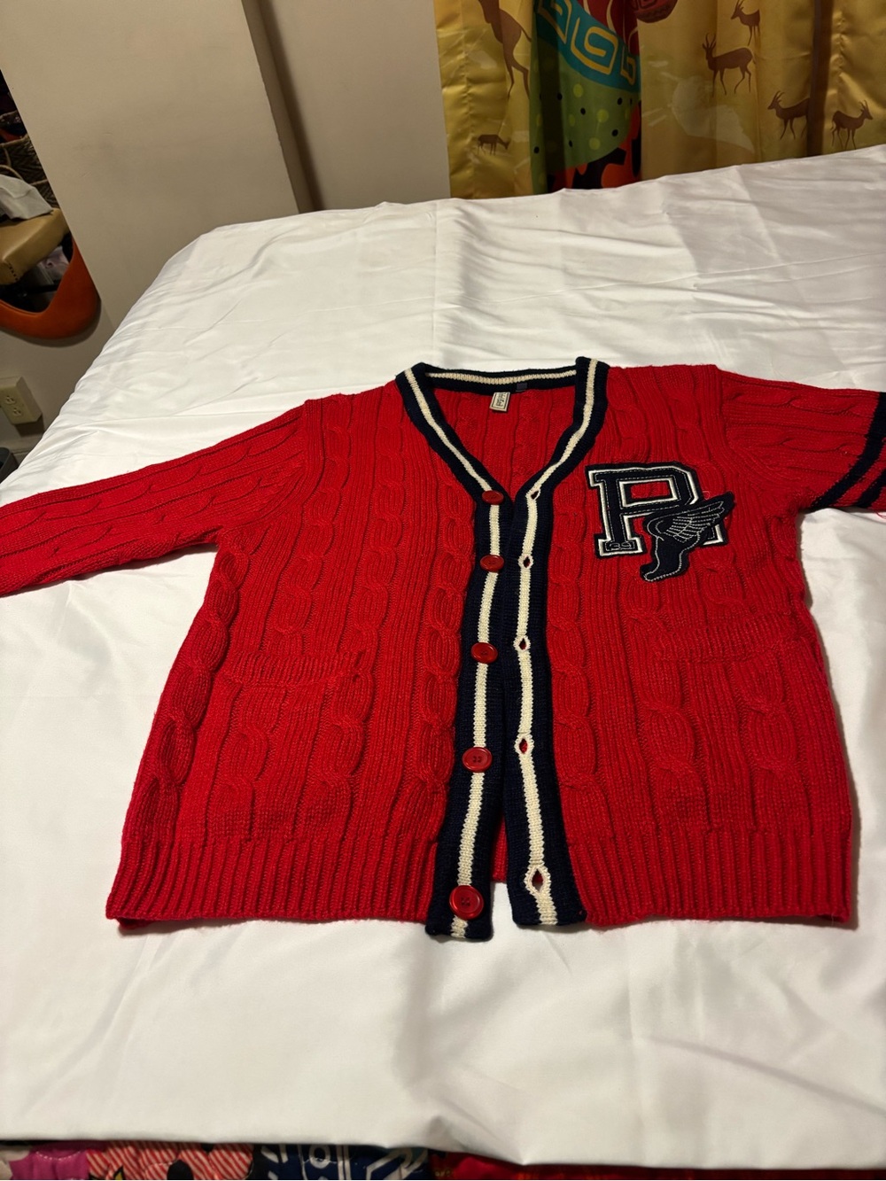 Red Cable-Knit Women's Cardigan with Contrast Trim and Patch